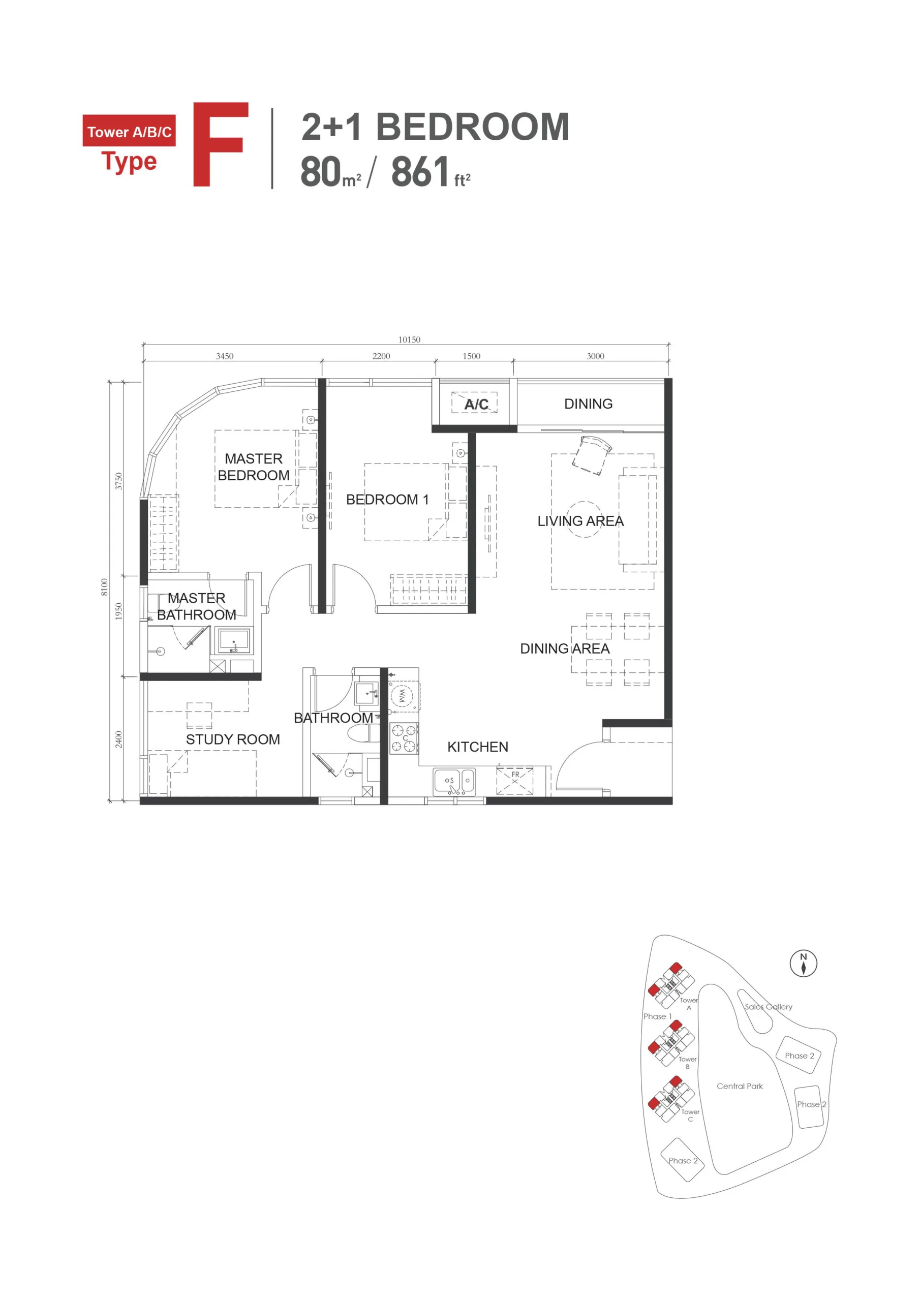 The M Macrolink Medini F 户型平面图，2+1 房 2 卫，861 平方尺