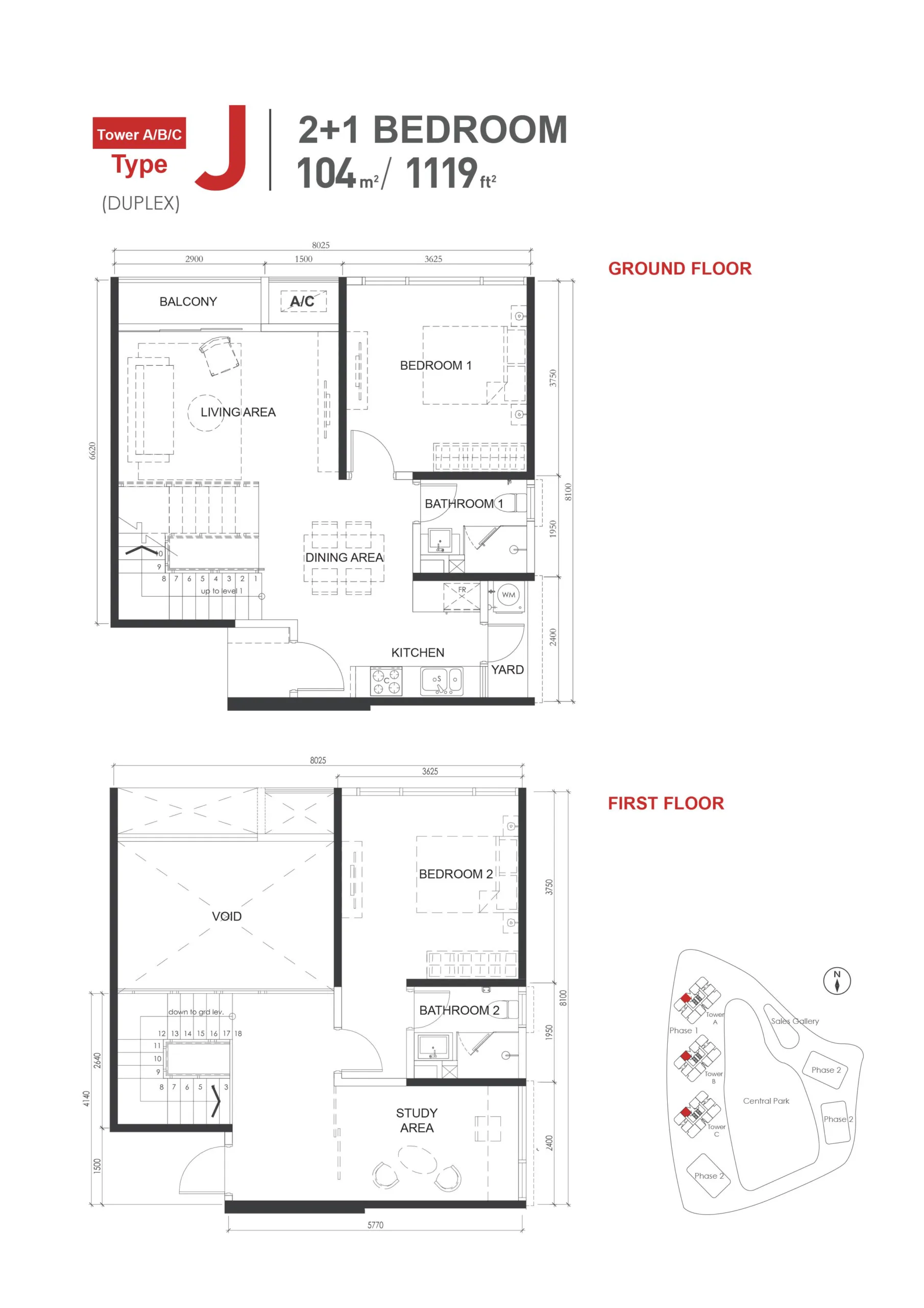 The M Macrolink Medini J 户型平面图，2+1 房 2 卫，1,119 平方尺