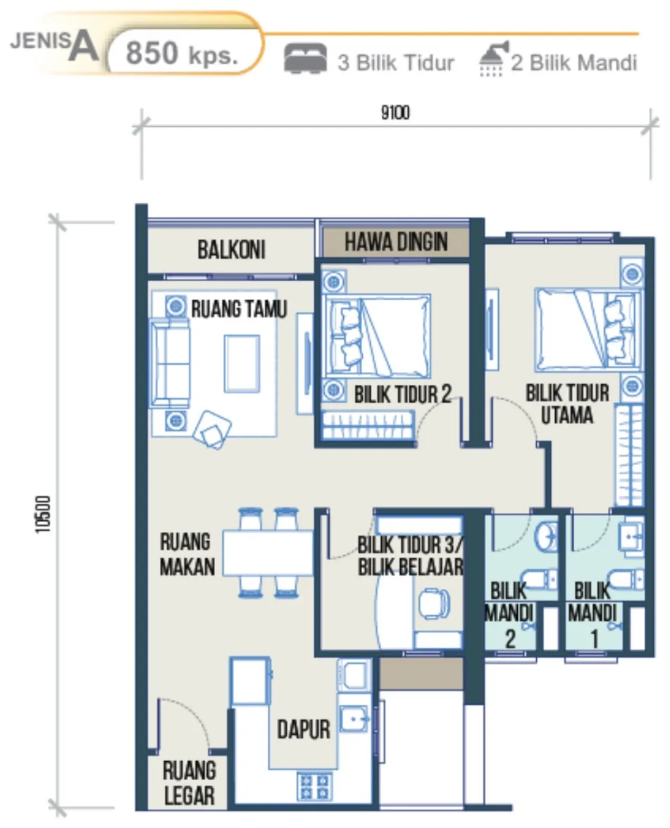 Maldives Residences, Bayan Lepas: Type A floor plan, 3 bed 2 bath (Tower A), 850 sq ft