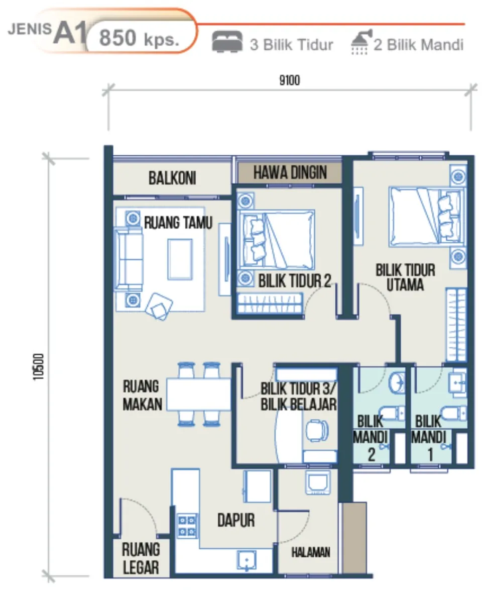 Maldives Residences, Bayan Lepas: Type A1 floor plan, 3 bed 2 bath with yard (Tower A), 850 sq ft