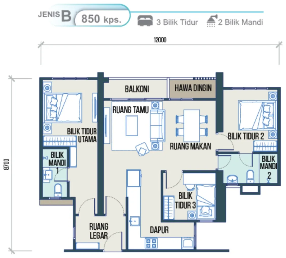 Maldives Residences, Bayan Lepas: Type B floor plan, 3 bed 2 bath (Towers B1, B2), 850 sq ft