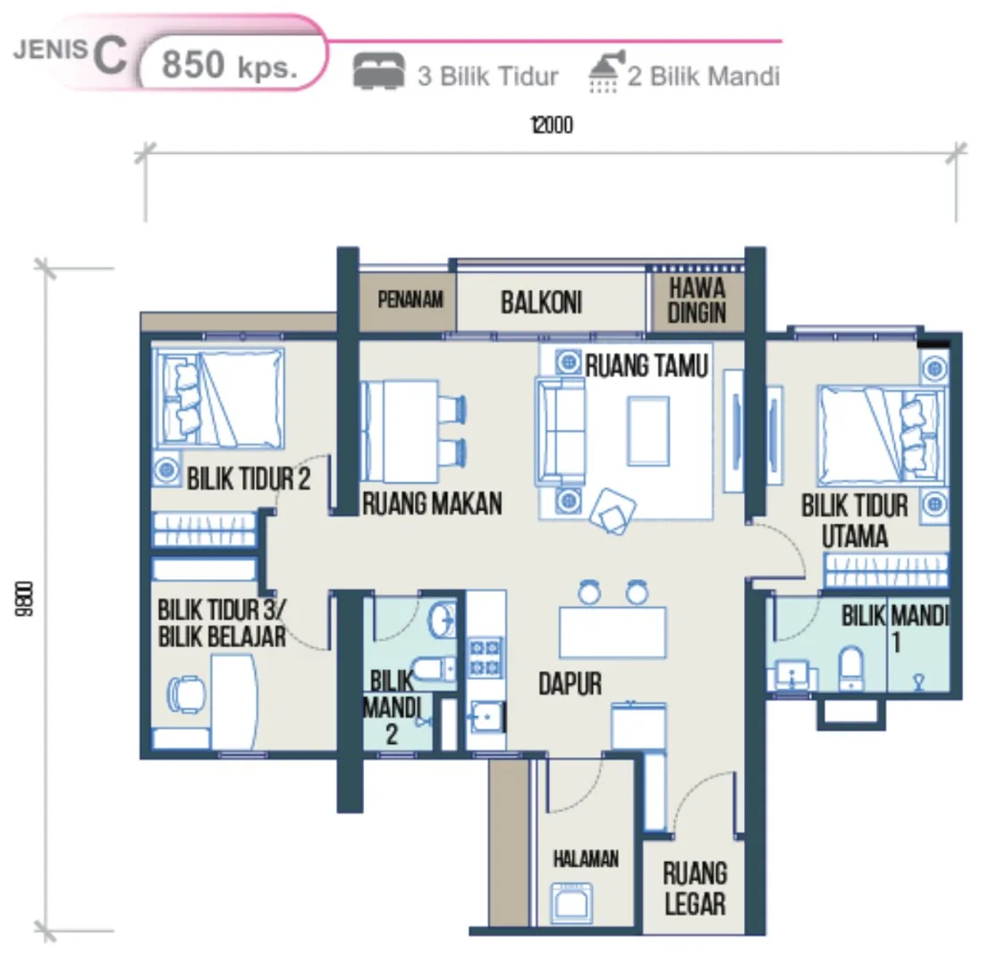 Maldives Residences, Bayan Lepas: Type C floor plan, 3 bed 2 bath with yard (Tower C), 850 sq ft