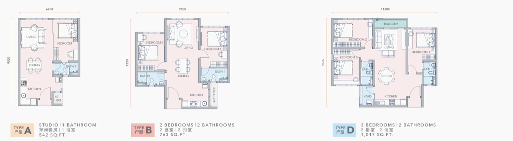 Mandolin Residences 平面图：A 户型 studio 542 平方尺、B 户型 763 平方尺、D 户型 1,017 平方尺