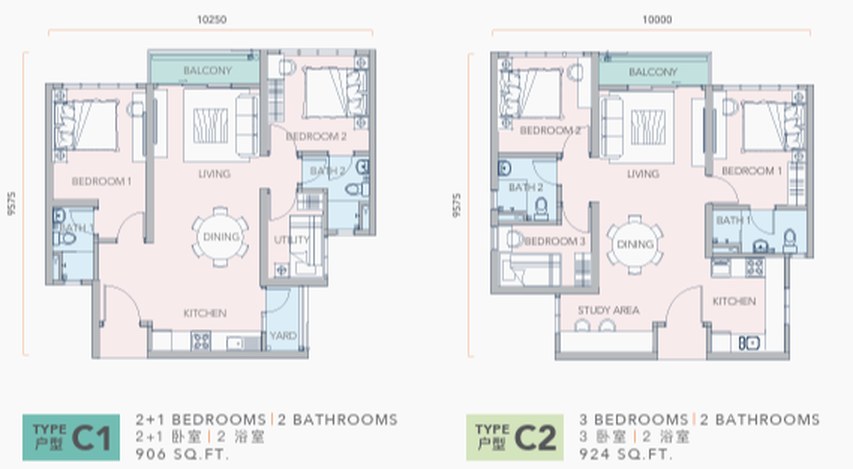Mandolin Residences 平面图：C1 户型 906 平方尺和 C2 户型 924 平方尺