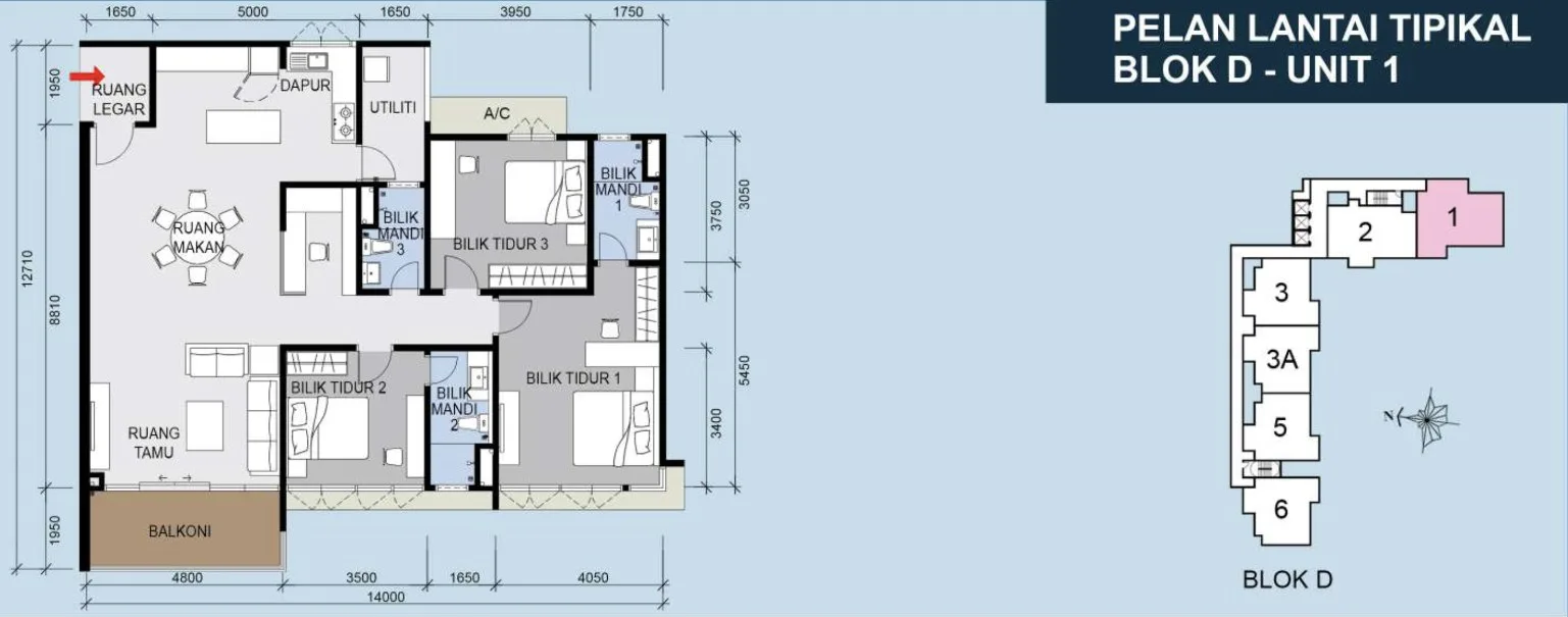 Marina Residences 2 @ Clear Water Bay, Butterworth: Block D typical 3-bedroom floor plan