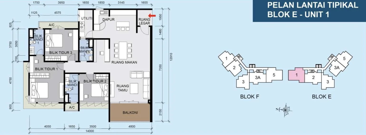 Marina Residences 2 @ Clear Water Bay, Butterworth: Block E typical 3-bedroom floor plan