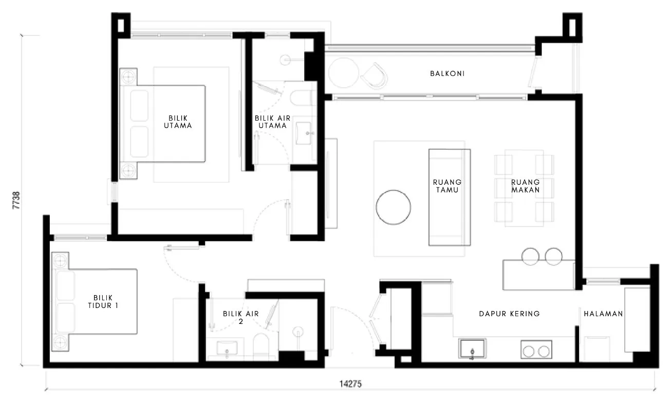 Maris, Andaman Island, Penang: Type A floor plan, 2 bed 2 bath, 979 sq ft