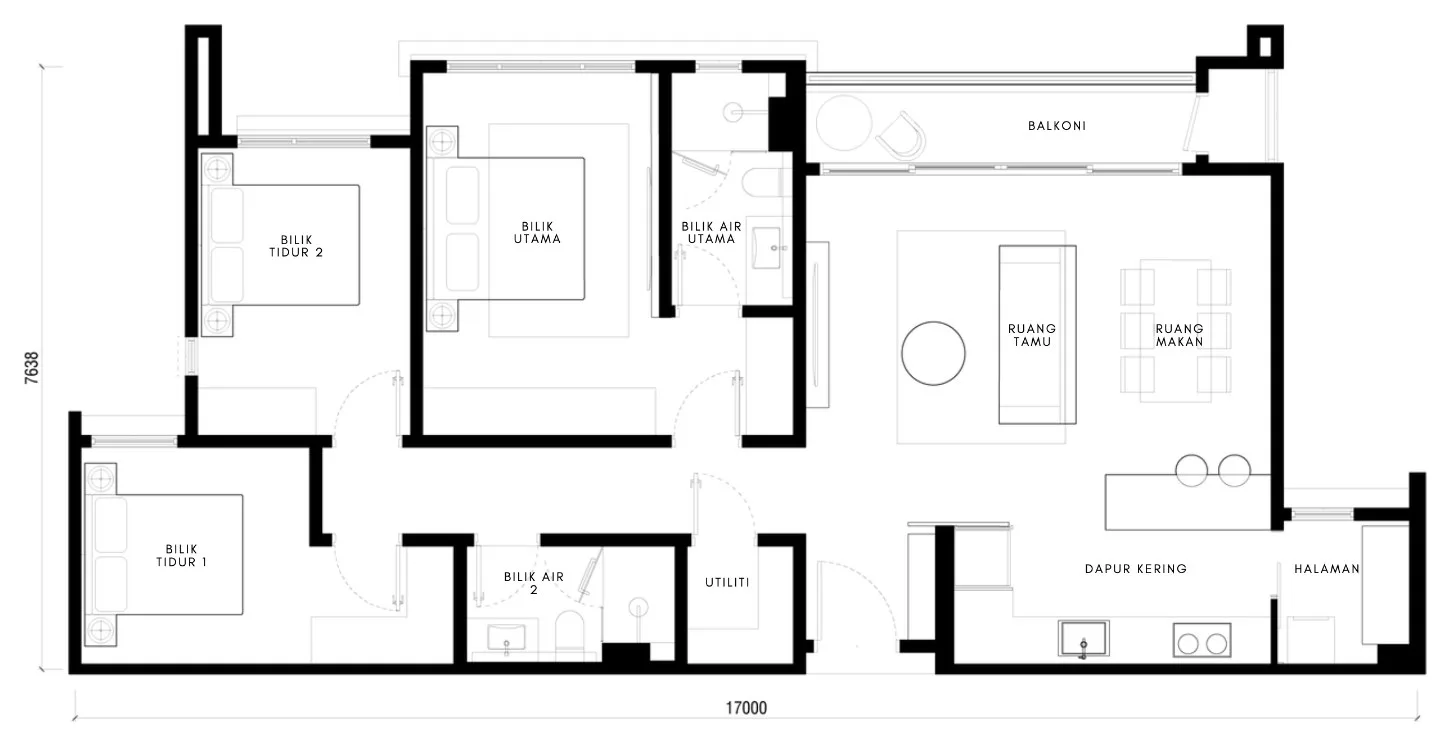 Maris, Andaman Island, Penang: Type B floor plan, 3 bed 2 bath, 1,177 sq ft