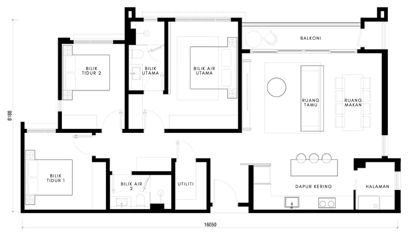 Maris, Andaman Island, Penang: Type C floor plan, 3 bed 2 bath, 1,250 sq ft