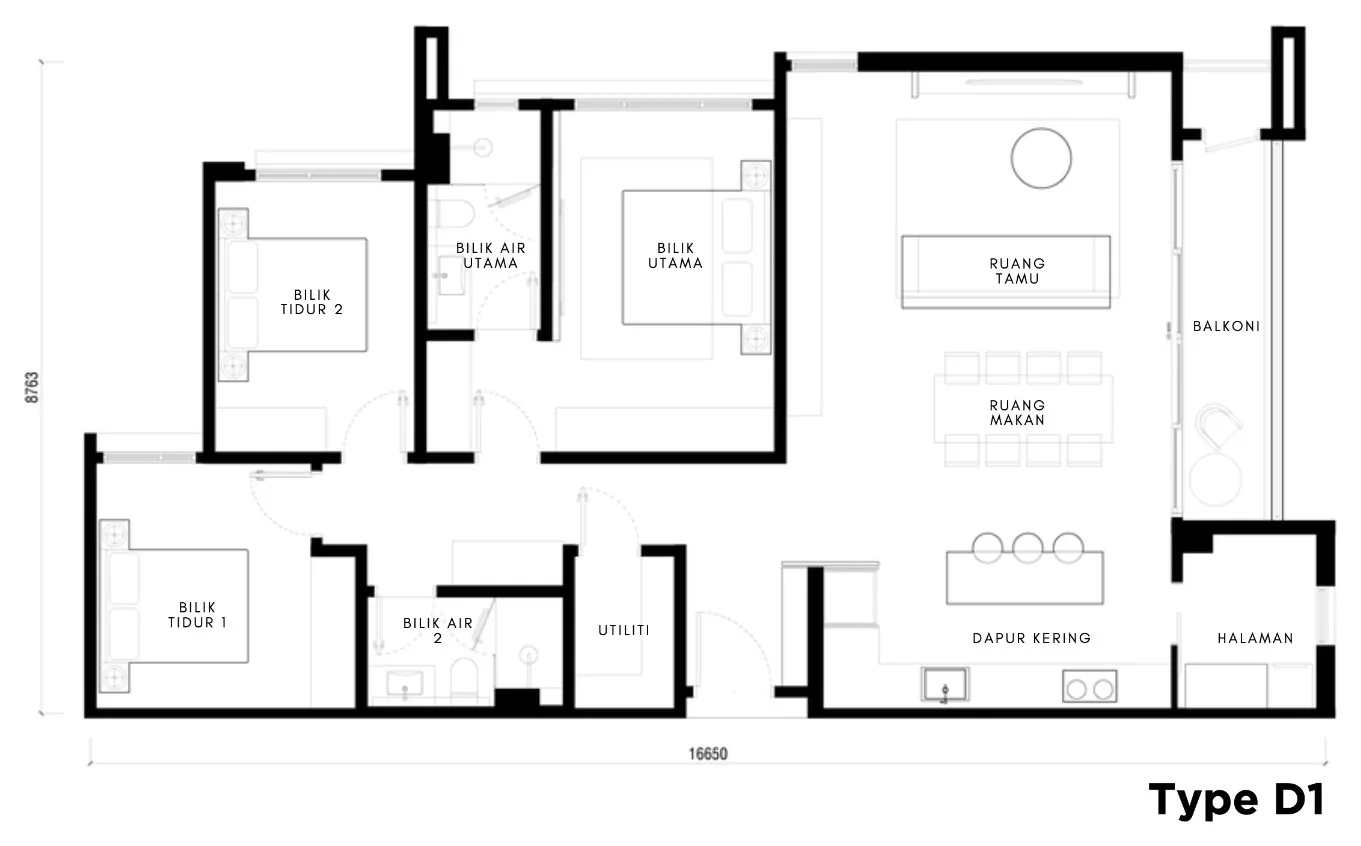 Maris, Andaman Island, Penang: Type D1 floor plan, 3 bed 2 bath, 1,355 sq ft