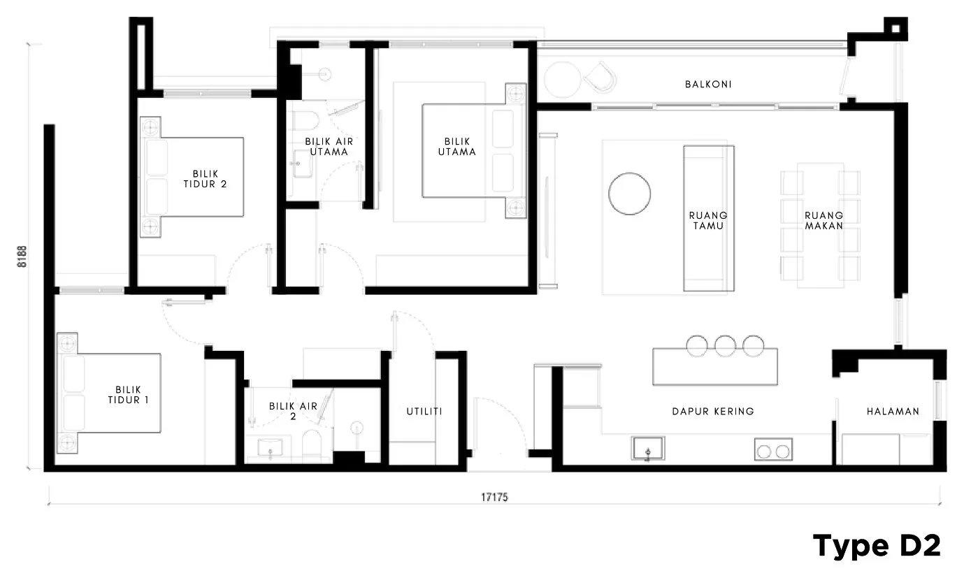 Maris, Andaman Island, Penang: Type D2 floor plan, 3 bed 2 bath, 1,356 sq ft