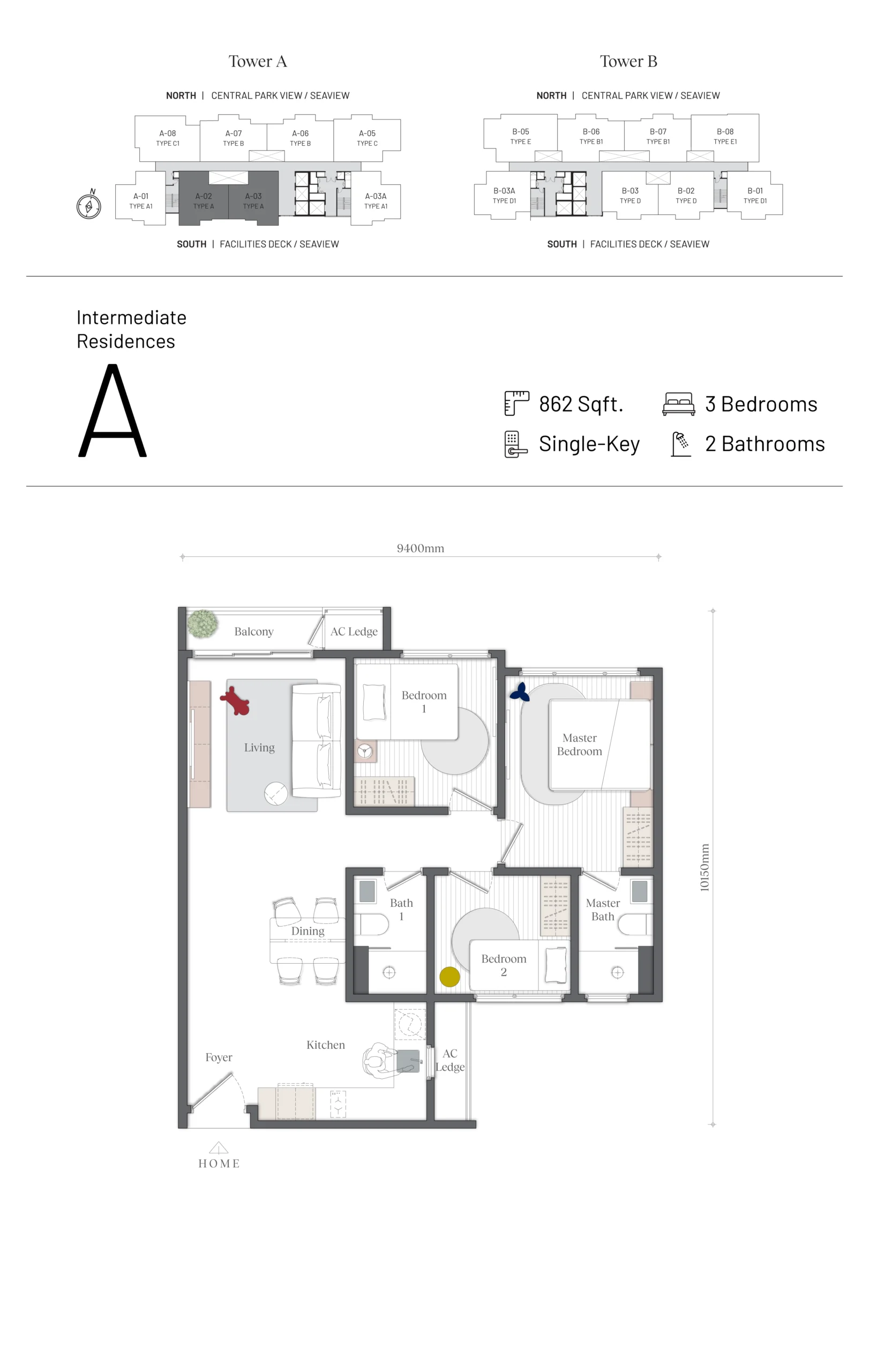 Mezon @ Park Enclave, Aspen Vision City, Batu Kawan: Tower A Type A floor plan, 862 sq ft