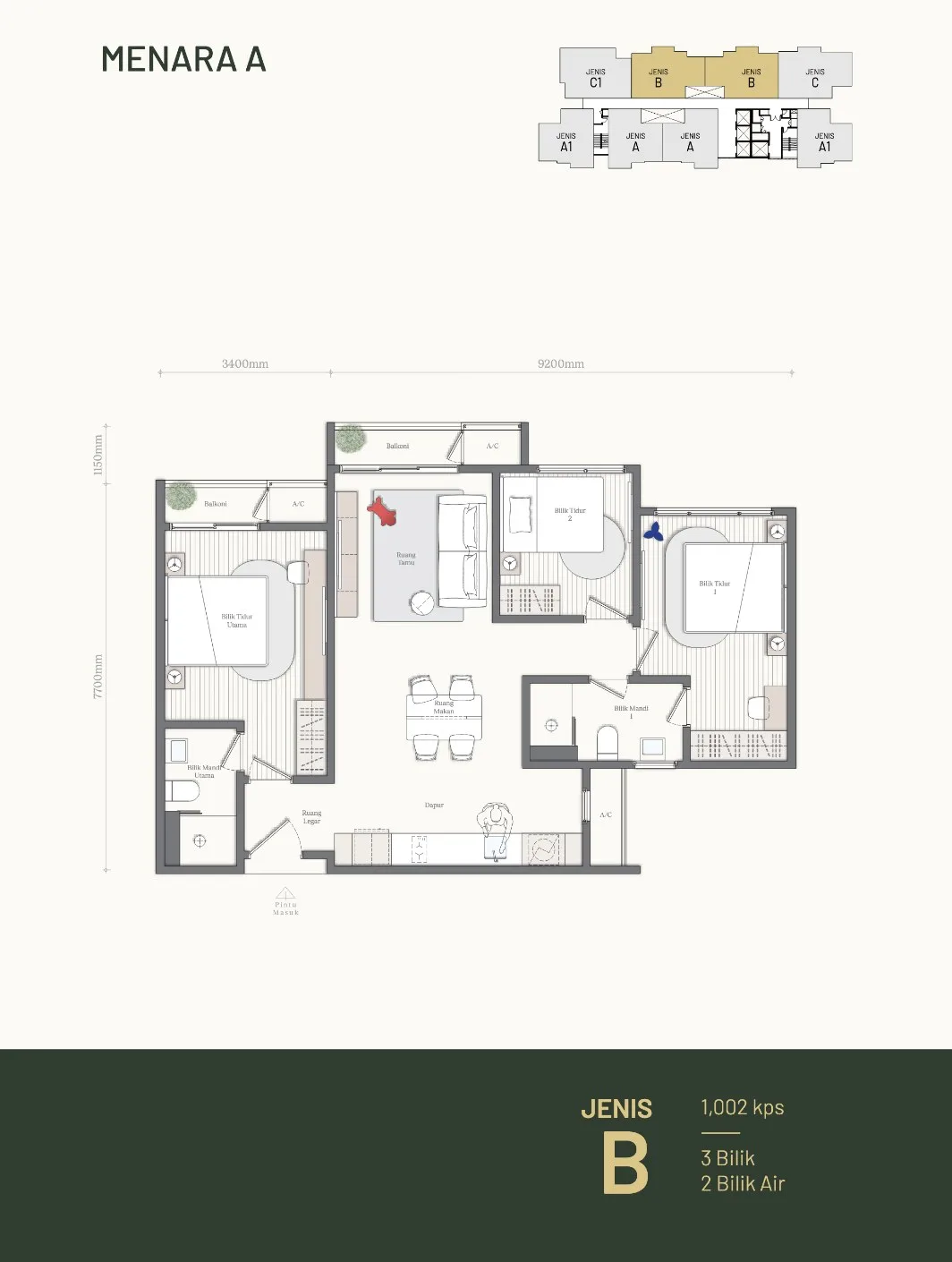 Mezon @ Park Enclave, Aspen Vision City, Batu Kawan: Tower A Type B floor plan, 1,002 sq ft