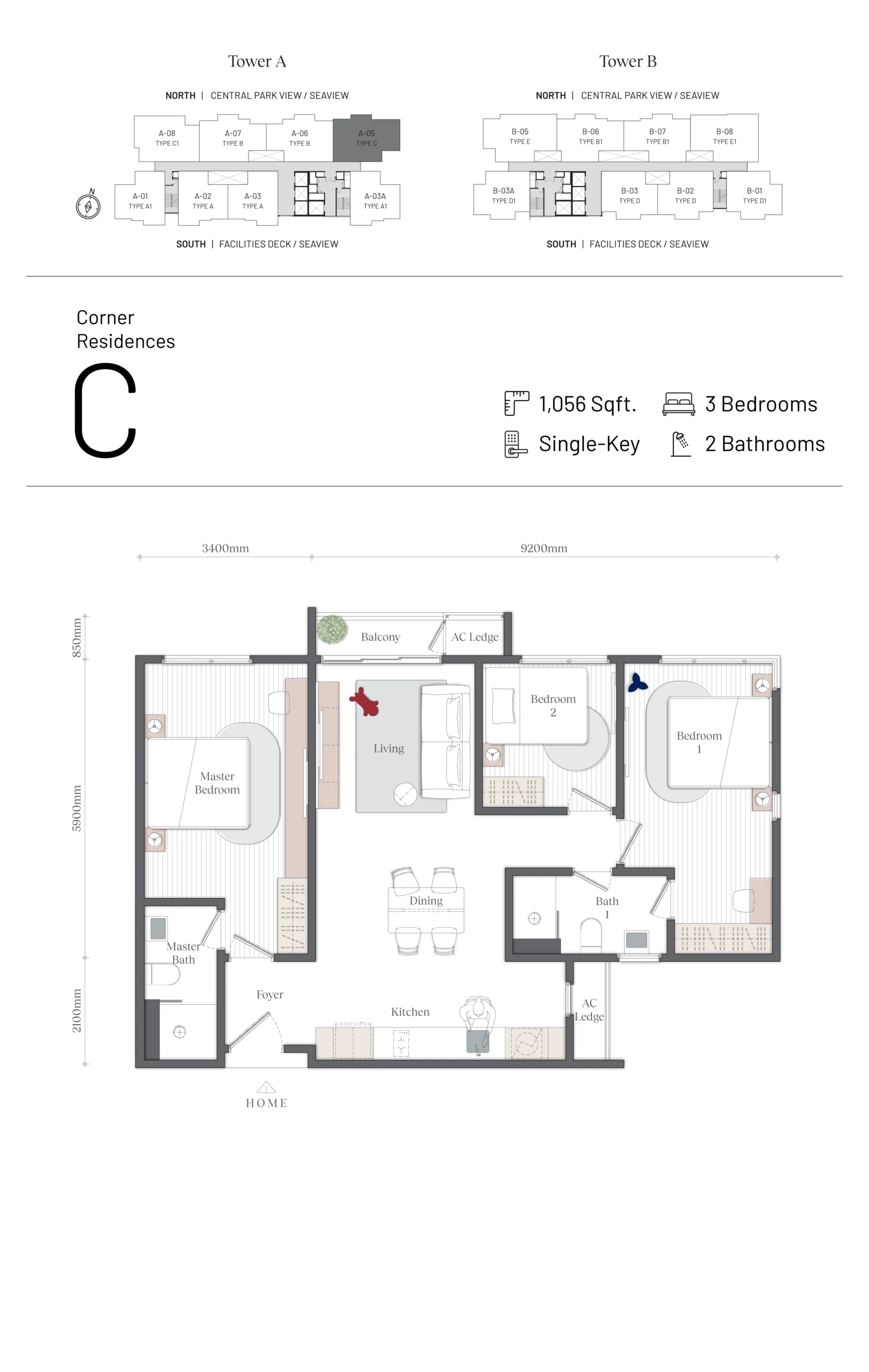 Mezon @ Park Enclave, Aspen Vision City, Batu Kawan: Tower A Type C floor plan, 1,056 sq ft
