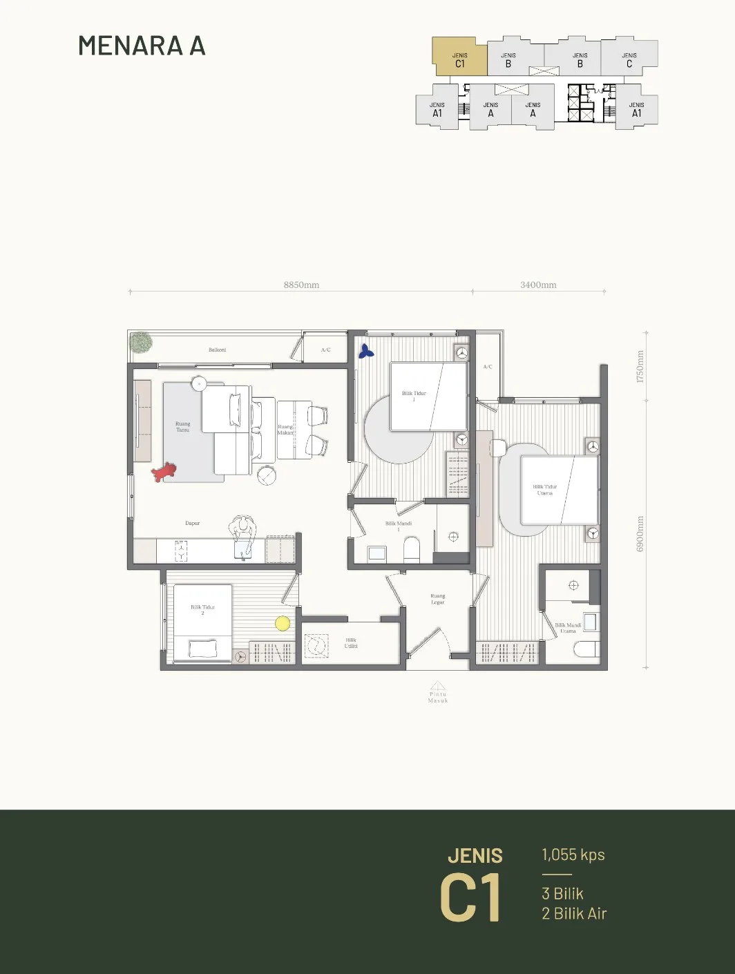 Mezon @ Park Enclave, Aspen Vision City, Batu Kawan: Tower A Type C1 floor plan, 1,055 sq ft