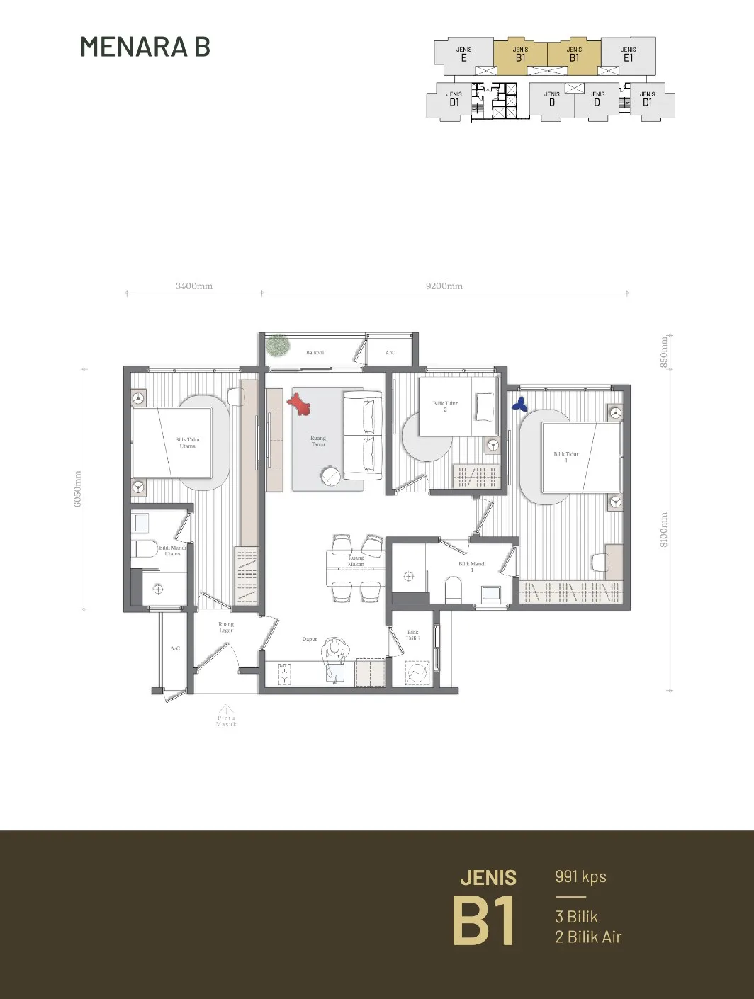 Mezon @ Park Enclave, Aspen Vision City, Batu Kawan: Tower B Type B1 floor plan, 991 sq ft