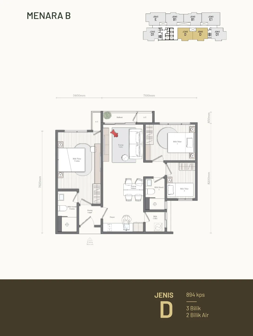 Mezon @ Park Enclave, Aspen Vision City, Batu Kawan: Tower B Type D floor plan, 894 sq ft