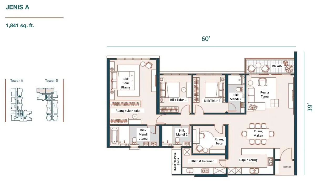 Muze @ PICC, Bayan Lepas: Type A floor plan, 3 bed + study 3 bath, 1,840 sq ft