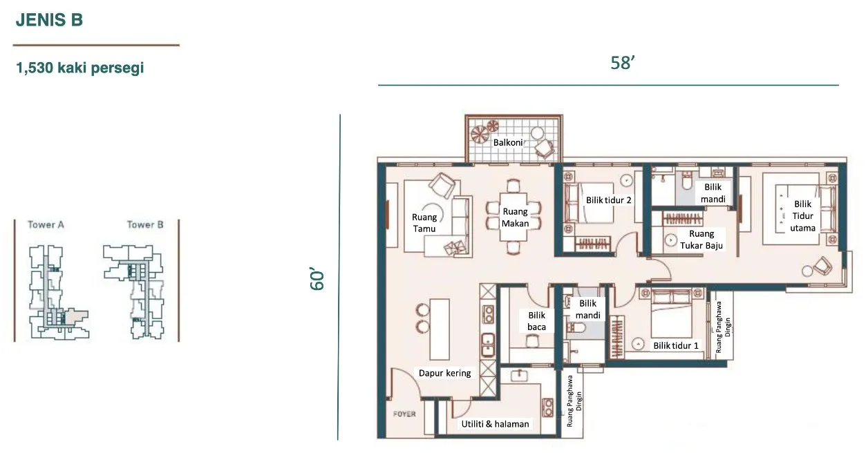 Muze @ PICC, Bayan Lepas: Type B floor plan, 3 bed + study 2 bath, 1,530 sq ft