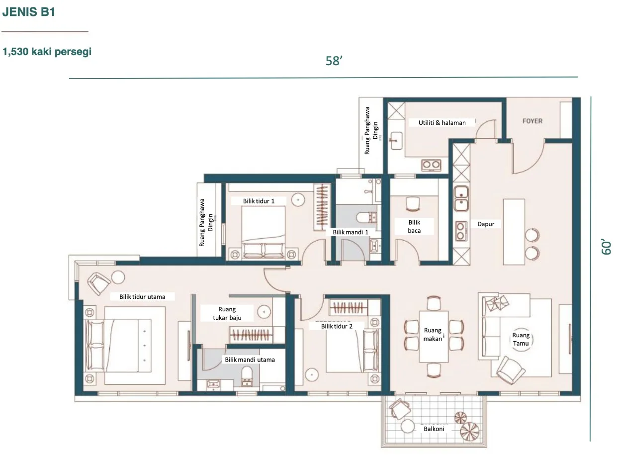 Muze @ PICC, Bayan Lepas: Type B1 floor plan, 3 bed + study 2 bath, 1,530 sq ft