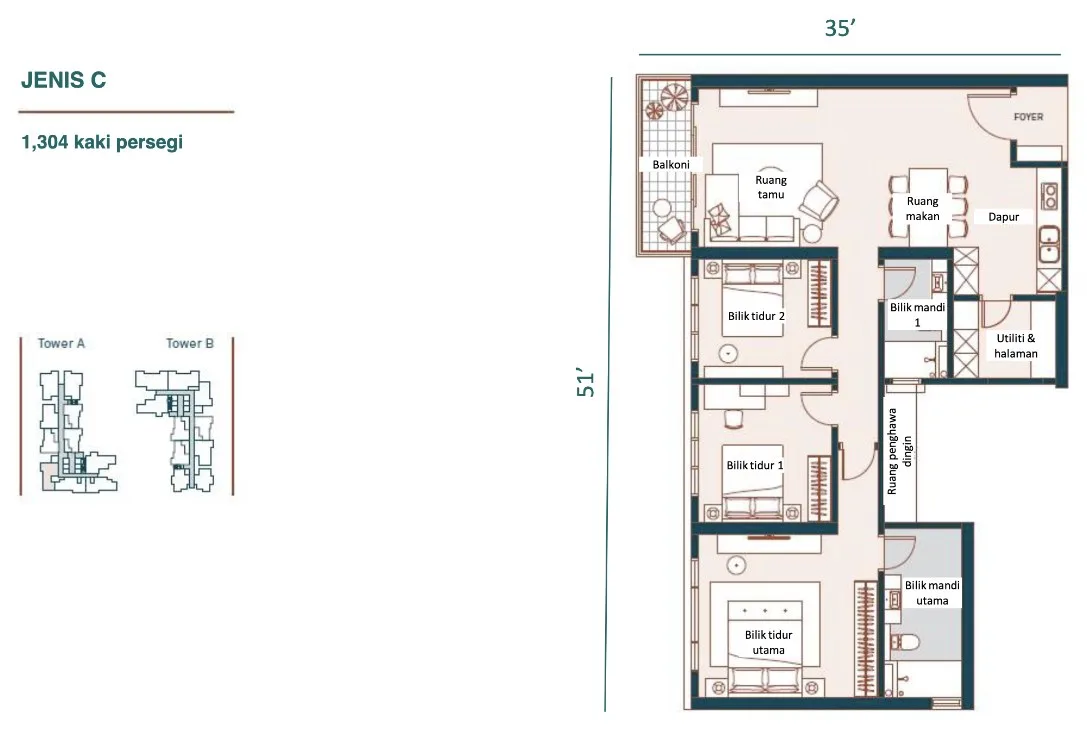 Muze @ PICC, Bayan Lepas: Type C floor plan, 3 bed 2 bath, 1,304 sq ft