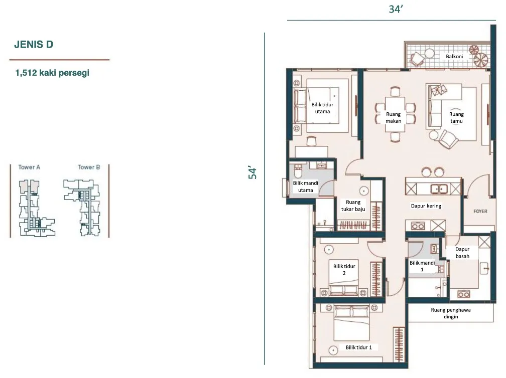Muze @ PICC, Bayan Lepas: Type D floor plan, 3 bed 2 bath, dry and wet kitchens, 1,512 sq ft