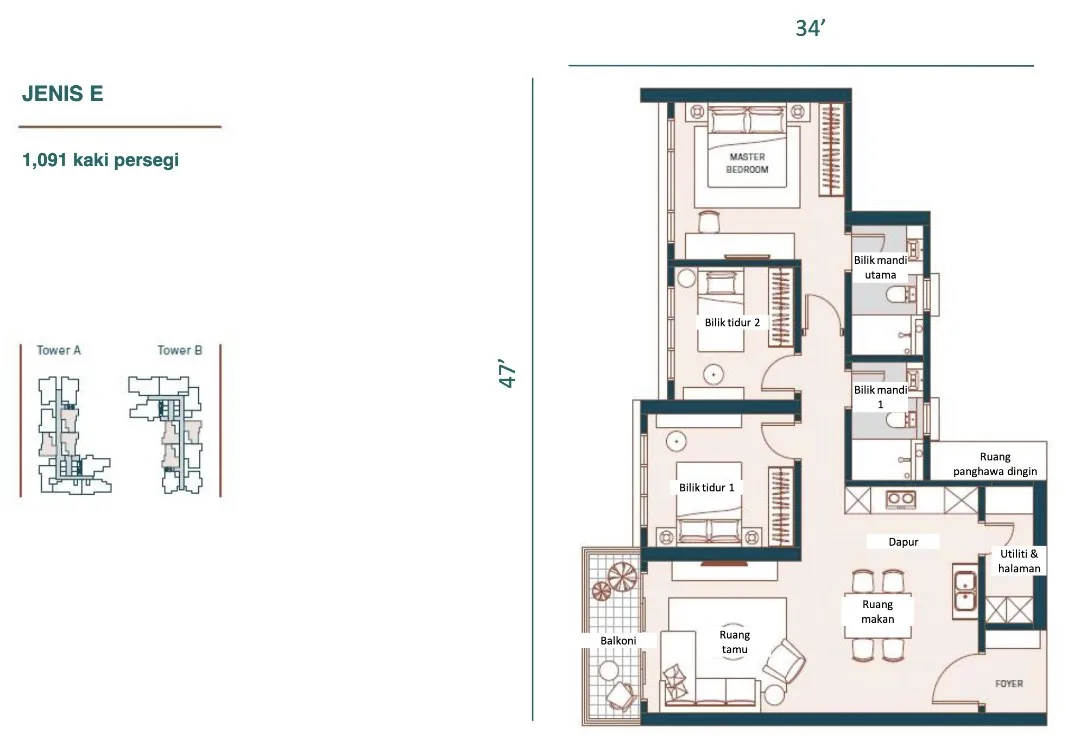 Muze @ PICC, Bayan Lepas: Type E floor plan, 3 bed 2 bath, 1,091 sq ft