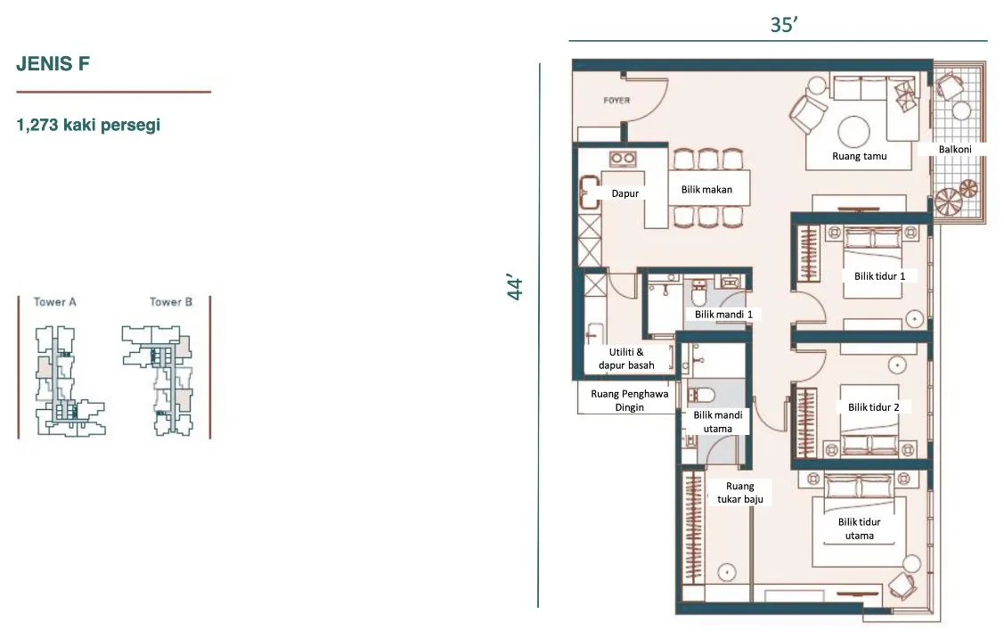 Muze @ PICC, Bayan Lepas: Type F floor plan, 3 bed 2 bath, 1,273 sq ft