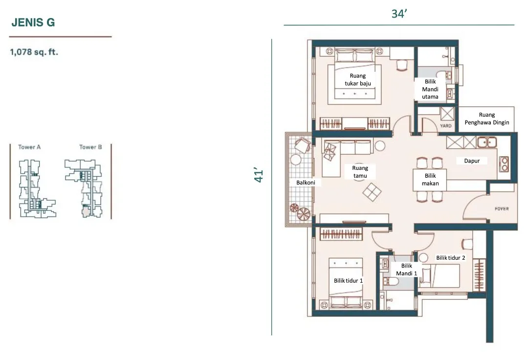 Muze @ PICC, Bayan Lepas: Type G floor plan, 3 bed 2 bath, 1,078 sq ft