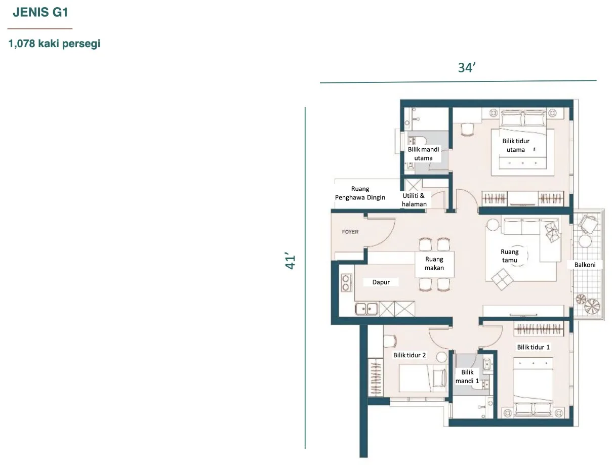 Muze @ PICC, Bayan Lepas: Type G1 floor plan, 3 bed 2 bath, 1,078 sq ft