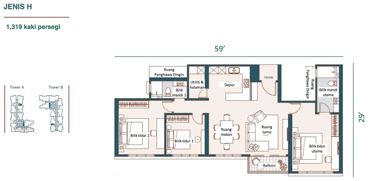 Muze @ PICC, Bayan Lepas: Type H floor plan, 3 bed 2 bath, 1,319 sq ft