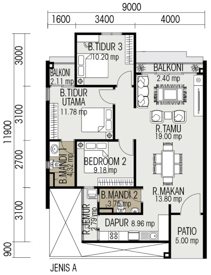 One City Height, Juru: Type A floor plan, 3 bedrooms, 950 sq ft