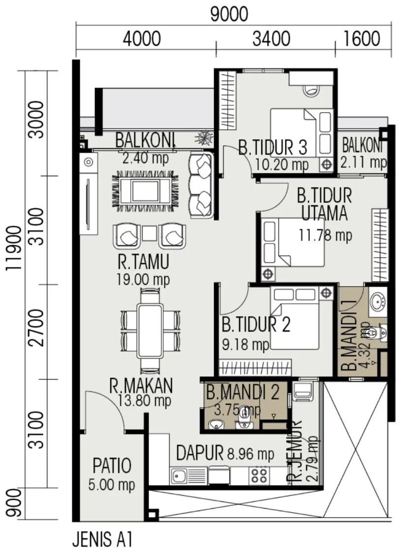 One City Height, Juru: Type A1 floor plan, 3 bedrooms, 950 sq ft