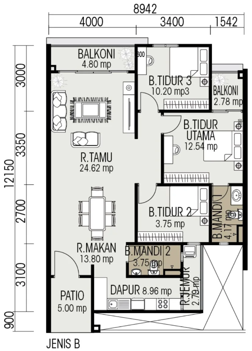 One City Height, Juru: Type B floor plan, 3 bedrooms, 1,050 sq ft