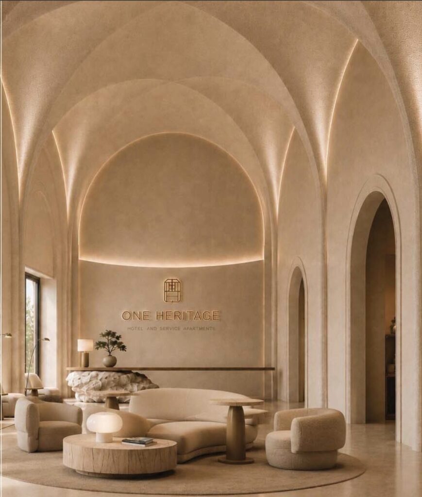 One Heritage arched lobby with stone reception counter
