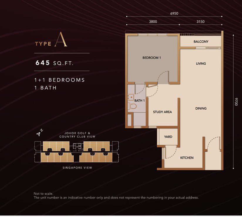 Paragon Signature Suites A 户型平面图，1+1 房，645 平方尺