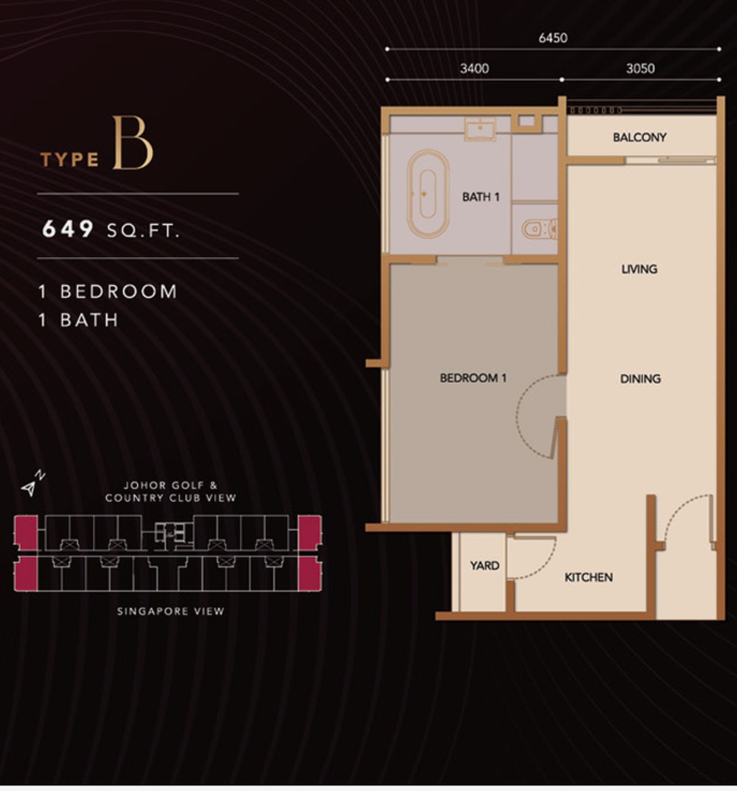 Paragon Signature Suites B 户型平面图，1 房，649 平方尺
