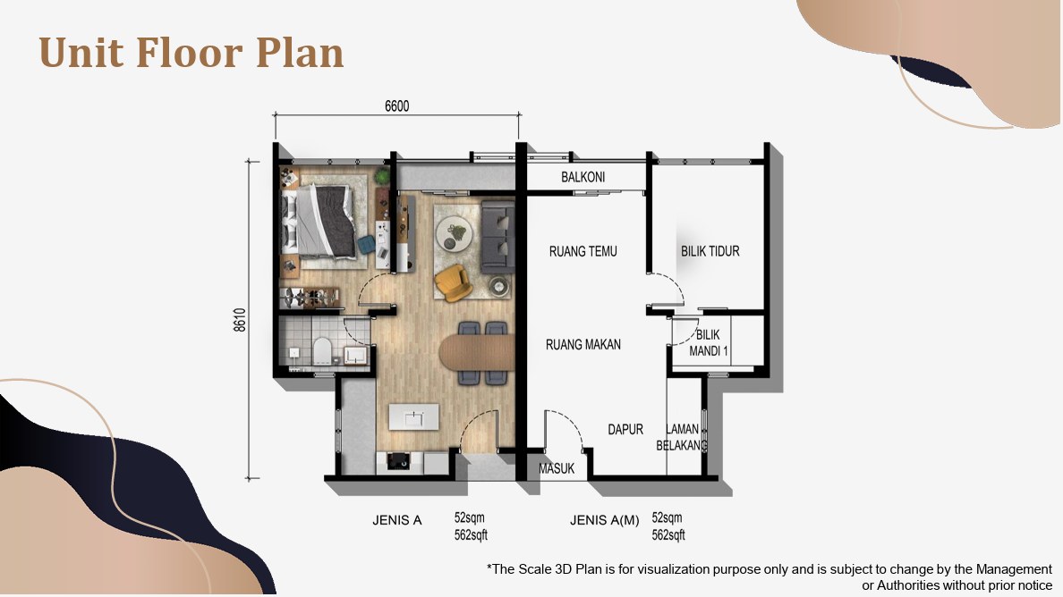 Parkland by the River A 户型平面图，1 房，562 平方尺