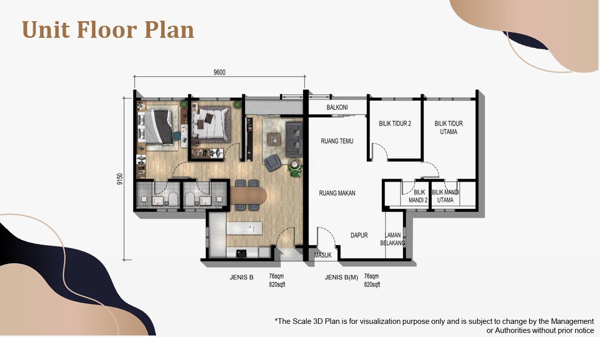 Parkland by the River B 户型平面图，2 房，820 平方尺