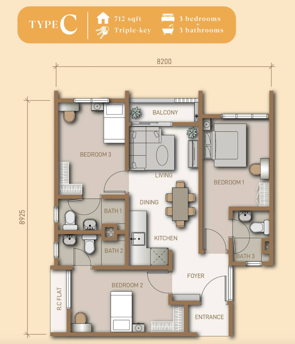 Pine Legacy Type C triple-key floor plan