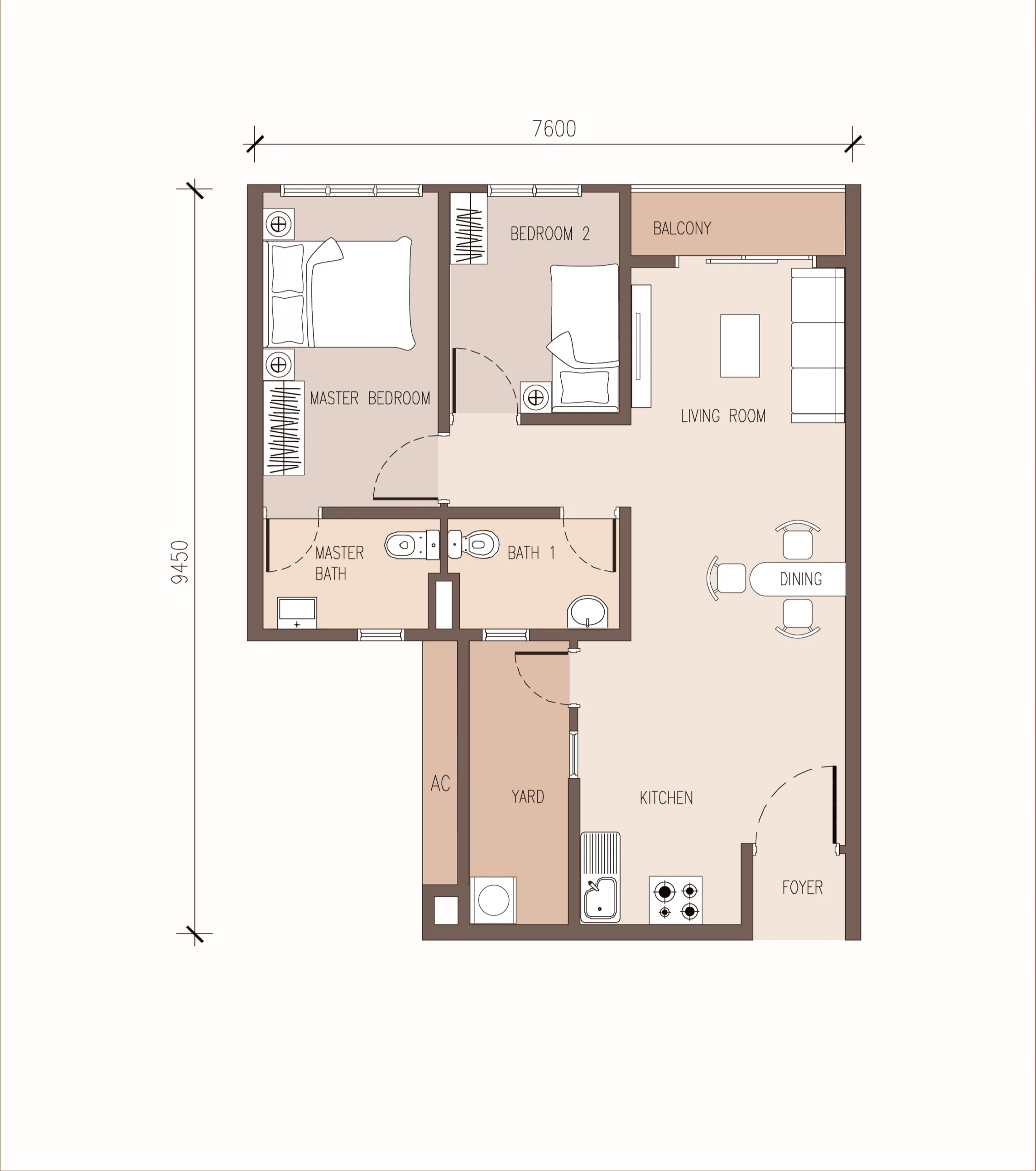 Pinegate Residency A1 户型平面图，2 房 2 卫，685 平方尺