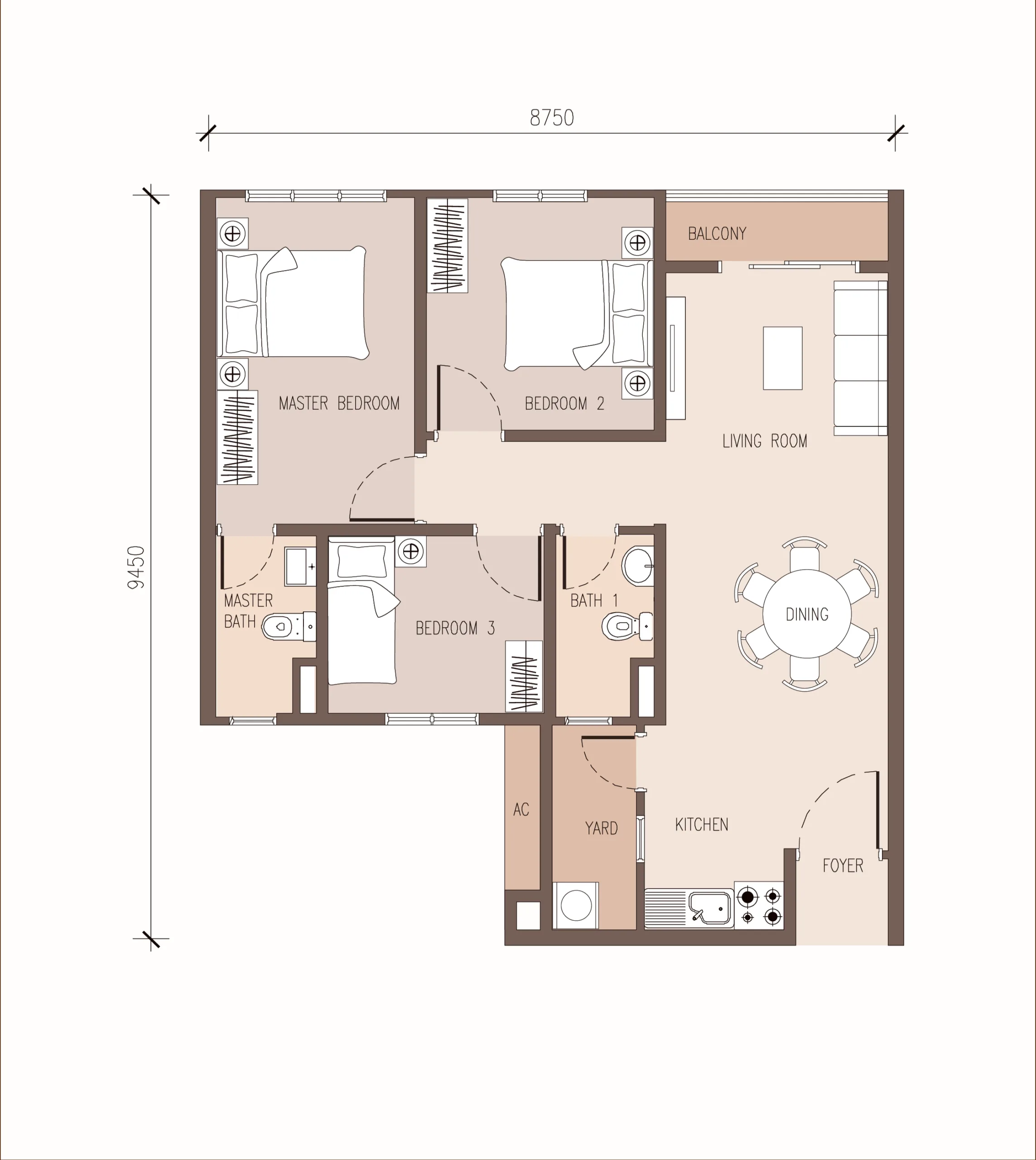 Pinegate Residency B1 户型平面图，3 房 2 卫，775 平方尺