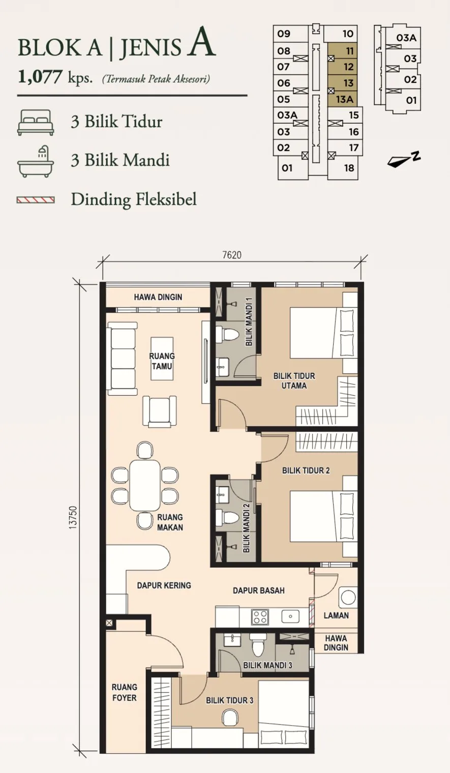 Pinnacle Bukit Gambier, Gelugor: Type A floor plan, 3 bed 3 bath, 1,077 sq ft