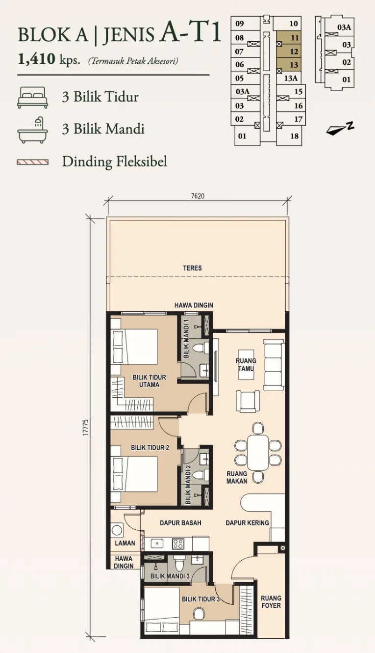 Pinnacle Bukit Gambier, Gelugor: Type A-T1 floor plan, 3 bed 3 bath, sky-terrace unit, 1,410 sq ft