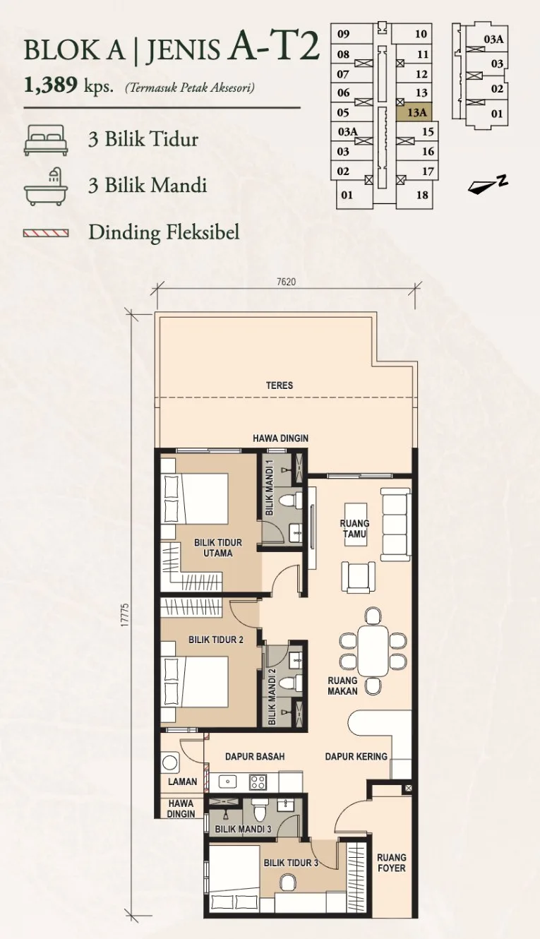 Pinnacle Bukit Gambier, Gelugor: Type A-T2 floor plan, 3 bed 3 bath, sky-terrace unit, 1,389 sq ft