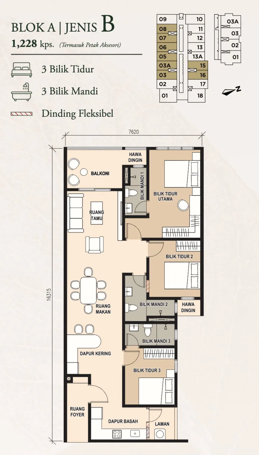 Pinnacle Bukit Gambier, Gelugor: Type B floor plan, 3 bed 3 bath, 1,228 sq ft