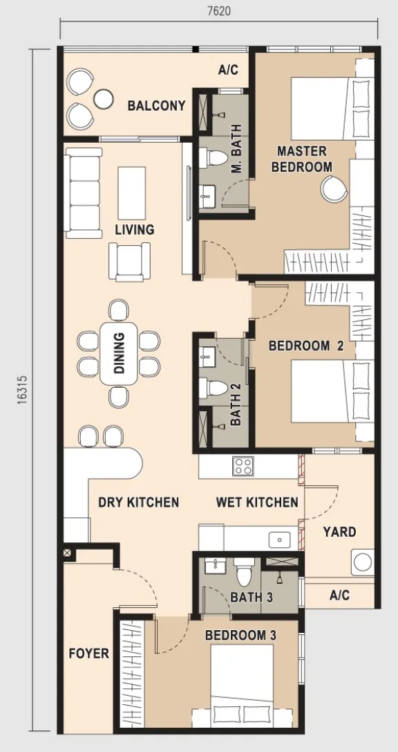 Pinnacle Bukit Gambier, Gelugor: Type C floor plan, 3 bed 3 bath, 1,282 sq ft
