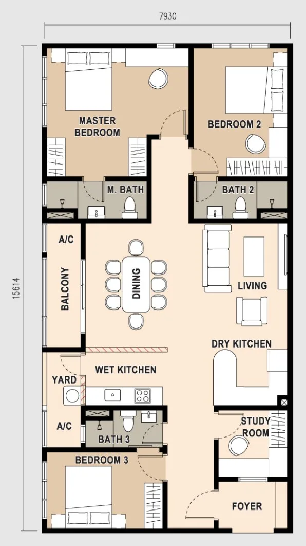 Pinnacle Bukit Gambier, Gelugor: Type D floor plan, 3+1 bed 3 bath, 1,335 sq ft