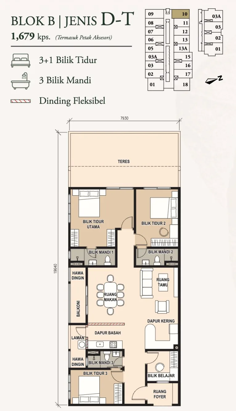 Pinnacle Bukit Gambier, Gelugor: Type D-T floor plan, 3+1 bed 3 bath, sky-terrace unit, 1,679 sq ft