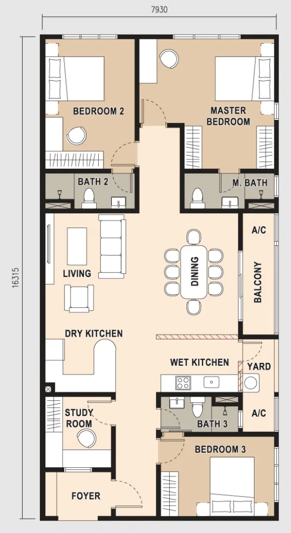 Pinnacle Bukit Gambier, Gelugor: Type D1 floor plan, 3+1 bed 3 bath, 1,388 sq ft